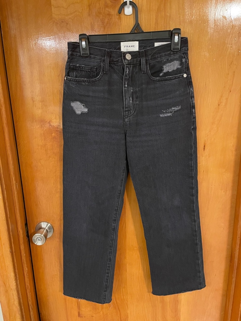 FRAME Le Jane Crop Distressed High-Rise Straight Leg Jeans in Black - Picture 4 of 8